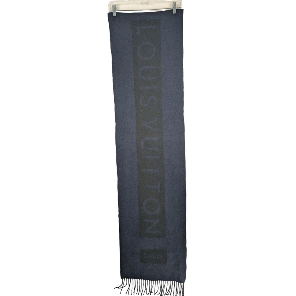 Louis Vuitton Paris Scarf Navy Blue Black Cashmere Logo Fringe Scotland